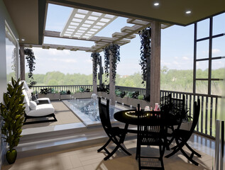 3d render apartment outdoor balcony pool area