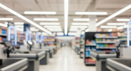 Blurred background of a modern supermarket checkout aisle with empty counters and bright lights. Abstract retail store interior for commercial concepts.