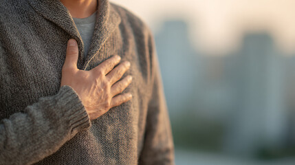 Empathy in Hand: An intimate moment captured. a mature individual, hand gently resting upon his chest, conveying profound feelings of empathy and compassion with blurred background.
