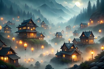 Obraz premium A mystical village nestled in misty mountains, illuminated by warm glowing lanterns at night