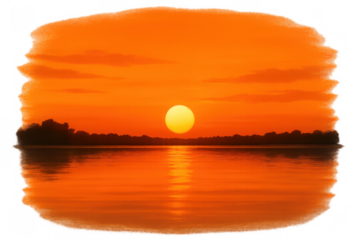 Orange sunset reflecting on calm lake water with transparent background