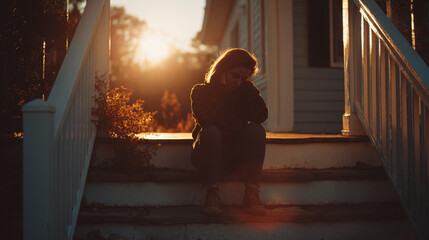 Fototapeta premium Solitude on the Porch: A silhouette of person sits alone on the steps of a house during the sunset, depicting a moment of reflection or sadness. 