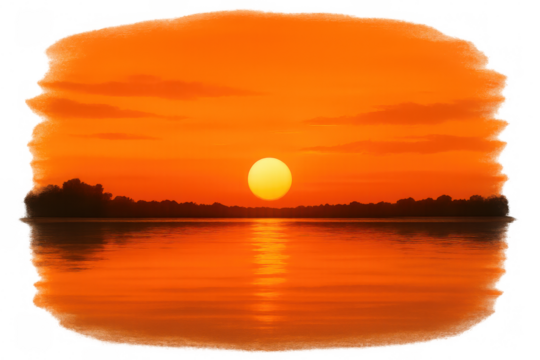 Orange sunset reflecting on calm lake water with transparent background