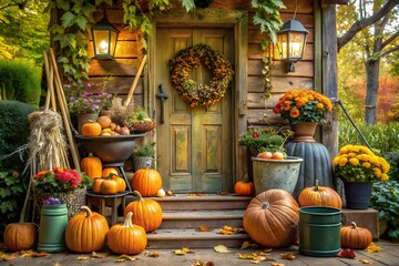 Charming autumn harvest scene with pumpkins and flowers decorating a rustic cabin door