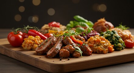 Serving Grilled Meat with Fresh Vegetables on Wooden Board