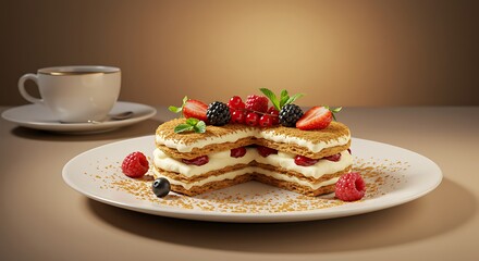 Serving Cake with Berries and Tea Cup on Table