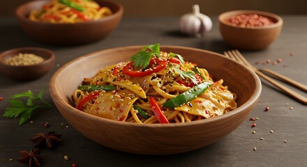 Serving of Noodles with Vegetables in Wooden Bowl on Table