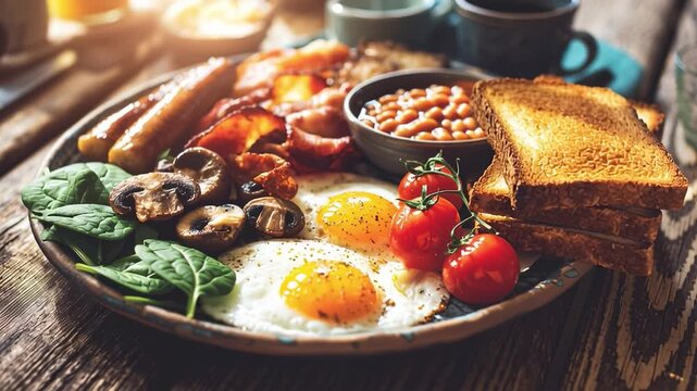 Delicious full english breakfast with toast, eggs, sausages, and bacon