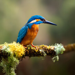 Fototapeta premium Common Kingfisher perched on mossy branch, vibrant blue and orange bird in nature, wildlife photography of Alcedo atthis in forest habitat