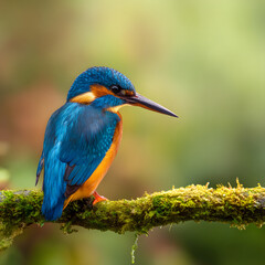 Photorealistic Kingfisher Bird on Mossy Branch in Natural Habitat with Vibrant Blue and Orange Feathers, Blurred Background