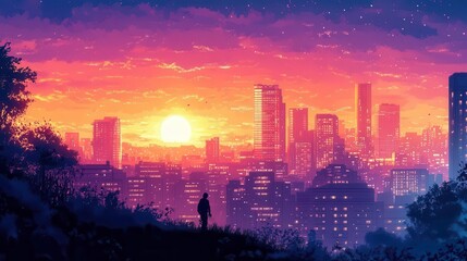 Fototapeta premium A serene cityscape with a robber s silhouette visible against the glowing skyline, plotting their next move