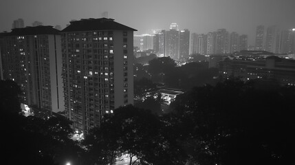 Grey cityscape at night, hazy view of high-rise buildings and trees