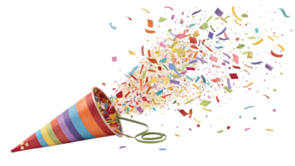 Colorful party horn blowing confetti perfect for vibrant celebrations and festive events