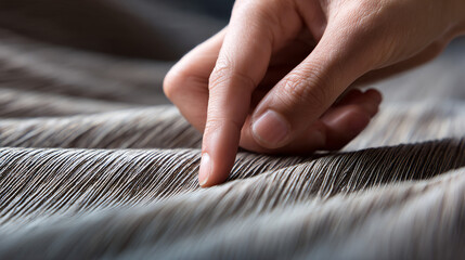 Gentle Touch: A close-up of a person's finger delicately touching the textures fabric. The tactile experience evokes a sense of curiosity and detail.