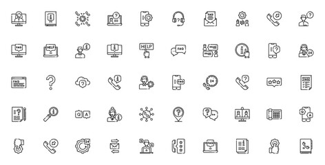 FAQ icon set. Customer service vector icons. Includes online support, call center, smartphone, mail, CRM, help desk, cloud computing, video conference and more. Editable stroke.