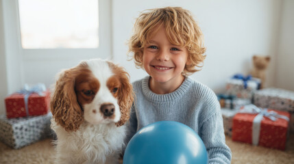 joyful boy and his dog play together in pile of colorful gift boxes full of laughter
