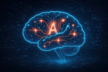 Advanced AI brain network visualization with glowing synaptic connections and data processing pathways
