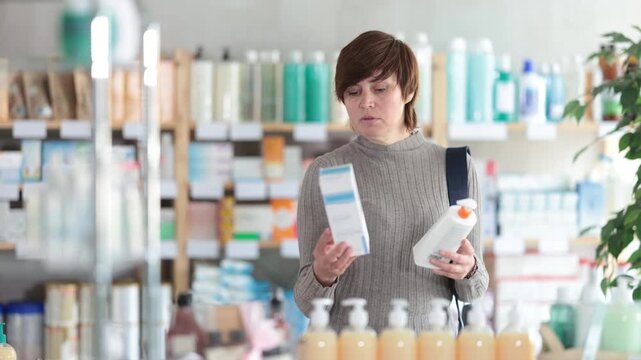 Woman in autumn clothes choosing skin cream at the drugstore. High quality FullHD footage