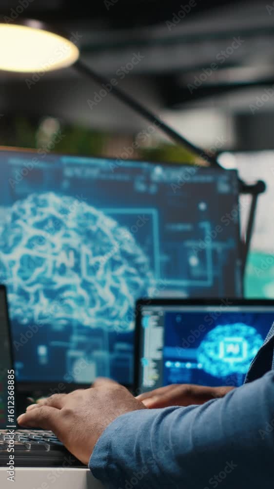Poster vertical video black businessman using ai digital tools and machine learning models, performing data