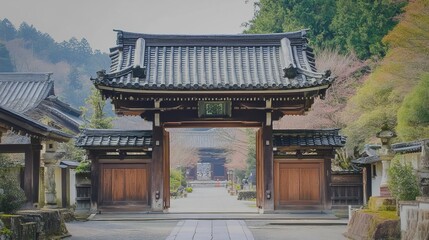 Obraz premium Traditional Japanese temple gate, leading to serene path