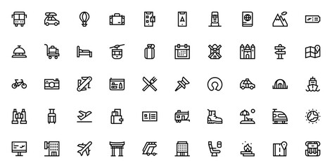 Travel icon set. Minimal vector illustration. Includes bus, hot air balloon, passport, airplane, hotel, map, backpack and more. Perfect for holidays, booking apps and destinations. Editable stroke.