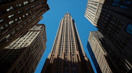 Obraz premium Low-angle view of a tall building surrounded by other buildings against a clear blue sky