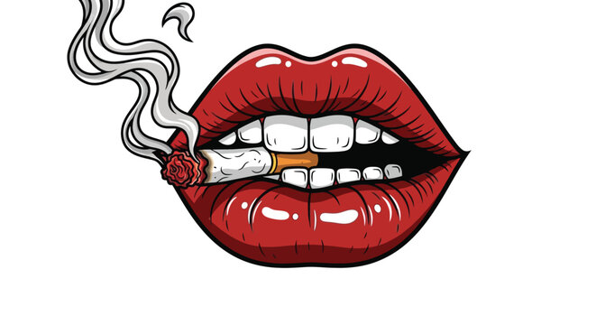 pop art lips with cigarette Sexy Red Lips Biting Cigarette Illustration with Smoke Stock Vector
