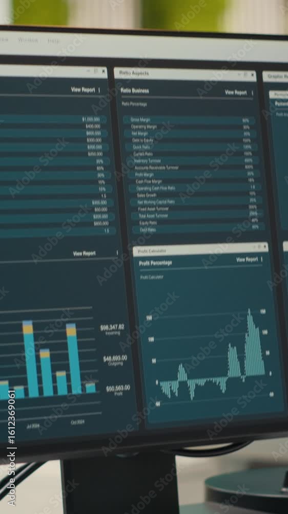 Poster vertical video empty corporate workstations with computers running financial diagnostics for forecas