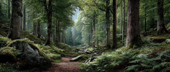 Peaceful forest path surrounded by lush greenery