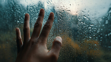 Fototapeta premium Rainy Day Contemplation: A person's hand gently touches a rain-streaked window, evoking introspection and melancholy against the backdrop of a blurred, wet cityscape.