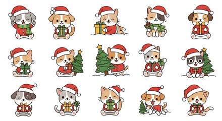 Adorable Kawaii Christmas Pets Featuring Cute Cartoon Characters in Festive Costumes ,Charming Holiday Animals with Santa Hats, Snowflakes, and Whimsical Winter Scenes for Seasonal Joy