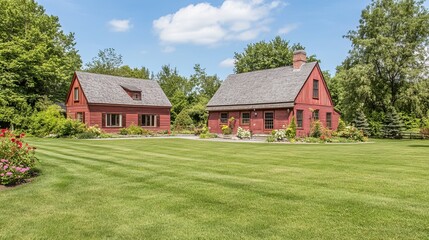 Obraz premium Two red houses on a manicured lawn under a partly cloudy sky
