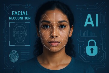 Biometric facial recognition interface with diverse multicultural woman and AI technology overlay