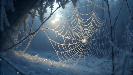 A spider nest made of glowing threads embedded in ice crystals