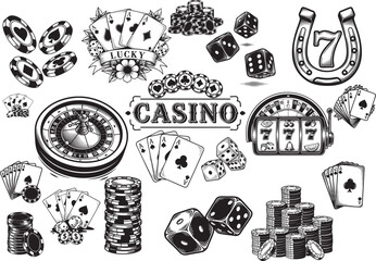 Hand-drawn vintage vector set of casino-themed elements including playing cards, poker chips, dice, roulette wheel, slot machine, and lucky symbols in engraved retro style