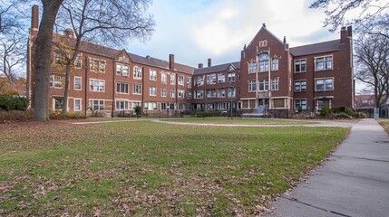 Brick campus buildings in a fall-colored courtyard