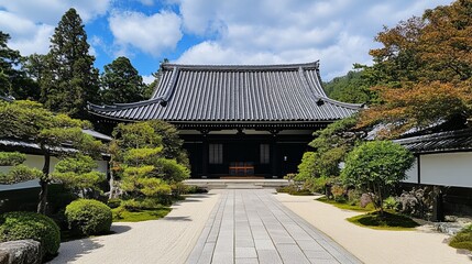 Obraz premium Japanese temple courtyard under a clear sky