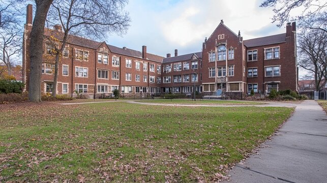 Brick campus buildings in a fall-colored courtyard