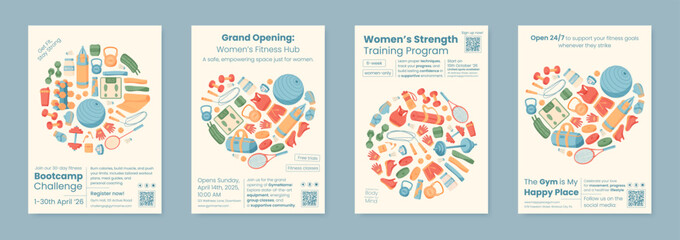 Colorful banner design with gym equipment and workout tools in flat style set. Dynamic set of accessories including dumbbells, kettlebells, and sneakers ideal for fitness health themes. Perfect for