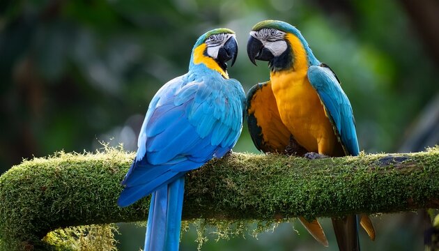 two vibrant blue and yellow parrots perched on a lush green branch
