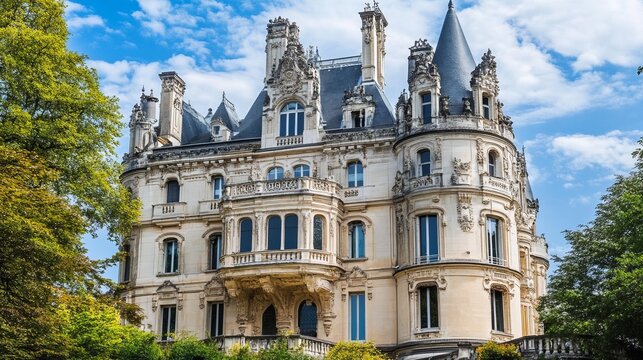 Grand, light-beige mansion with ornate turrets and intricate details, nestled amidst lush green trees under a partly cloudy sky