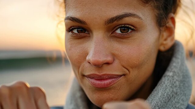 Confident woman shadowboxing on beach at sunset with determined expression