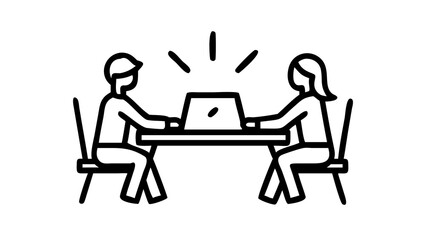 This minimalist vector icon depicts two individuals engaged in a bright, focused discussion around a laptop, representing a successful online conference, a creative brainstorming session