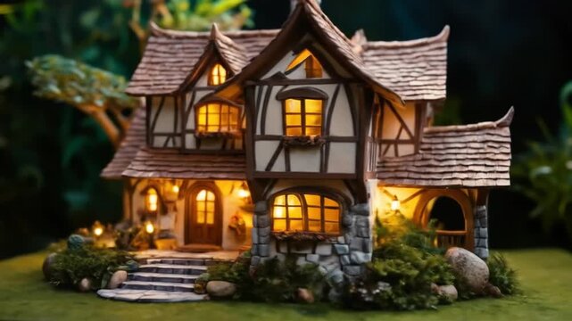 This enchanting miniature fantasy house features detailed design and warm lighting. 4k video