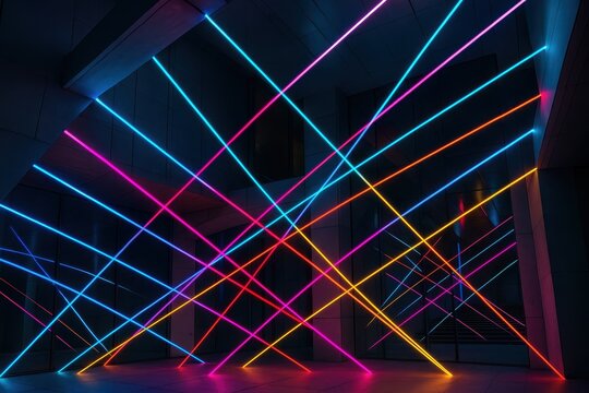 Dynamic geometric light installation with intersecting colored lines and modern architectural design