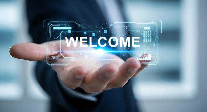 Businessman holding a holographic welcome message in his hand