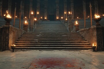 Ancient stone arena with bloodstained floor, burning torches, and grand stairs surrounded by ruins and shadows evoking a dramatic dark fantasy or historical battle atmosphere