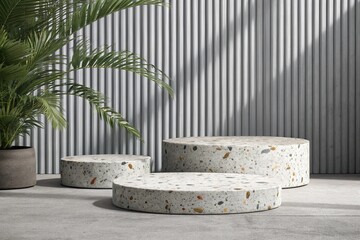Minimal background for product presentation. Terrazzo podium on grey corrugate background.