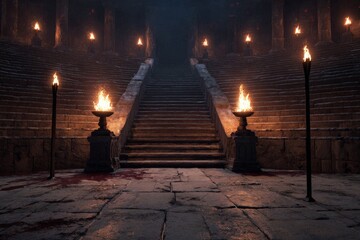 Ancient stone arena with bloodstained floor, burning torches, and grand stairs surrounded by ruins and shadows evoking a dramatic dark fantasy or historical battle atmosphere