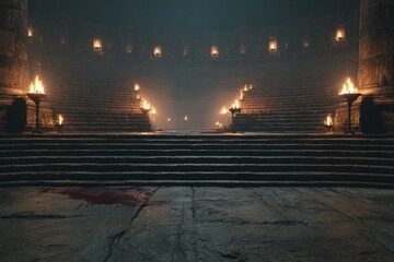 Ancient stone arena with bloodstained floor, burning torches, and grand stairs surrounded by ruins and shadows evoking a dramatic dark fantasy or historical battle atmosphere